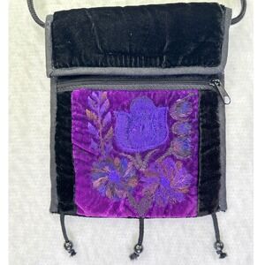 Unbranded Crossbody Bag Womens Small Purple Black Velvet Floral Embroidered Boho